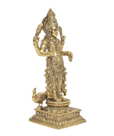 Brass standing Kartikeya statue with peacock at feet, ornate jewelry and pedestal base
