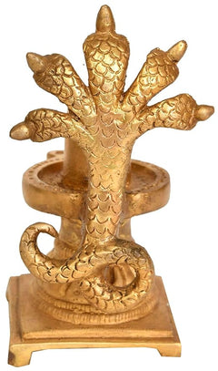 Brass five-hooded serpent shrine statue with linga, detailed scales, square base