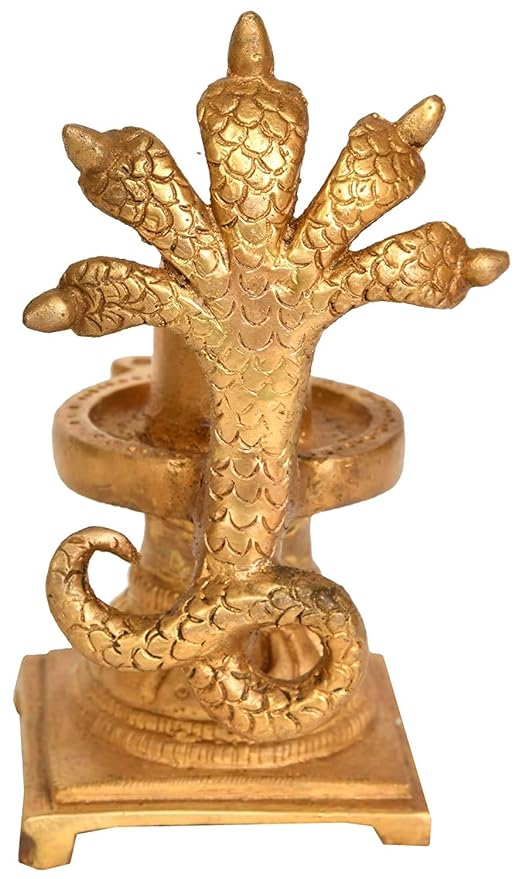 Brass Shiva Linga Under Five Hooded Serpent Protection, Height: 5.3"