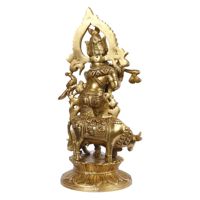 Brass Gold Lord Bhagwan Krishna Murti with Flute with Cow Statue for Home Temple Decor (Height: 12 Inches)