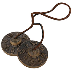 Antique-Finish Tibetan Brass Manjira Hand Cymbals with Leather Cords (Height: 3 Inches)
