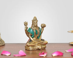 Brass Bholenath Lord sculpture, teal robe over golden base, raised arm poses