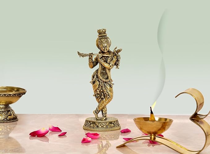 Brass Lord Krishna Idol Figurine Sculpture Playing Flute Statue Decorative Showpiece, (Height 5.5 Inch)