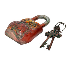 Decorative owl padlock with multicolor body and matching keys on a ring