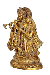 Brass Radha Krishna statue, side view with flute and folded hands, detailed drapery