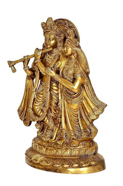 Brass Radha Krishna statue, side view with flute and folded hands, detailed drapery