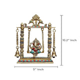 Brass Ganesha swing statue, 9 in wide x 10.2 in high, enamel accents and bells