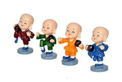 Resin kungfu monk figurines set, front view: maroon, green, orange, blue on bases