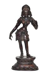 Brass Apsara standing idol statue, front view, ornate jewelry and pleated skirt