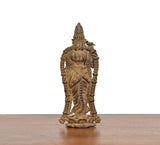 Copper Meenakshi idol, back view with sculpted coils and crown details