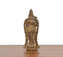 Copper Meenakshi idol, back view with sculpted coils and crown details