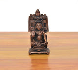 Copper Raghavendra Swami guru idol, seated figure with arched halo, front close-up.