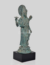 Bronze standing Vishnu idol, turquoise patina, flowing robe folds, halo behind head