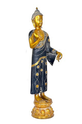 Brass Buddha idol statue, gold face and dark blue robe, gold patterned base, side view
