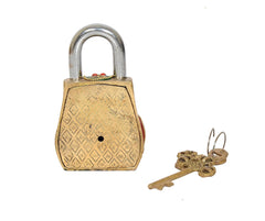 Brass owl padlock with patterned gold face, arched shackle, with keys