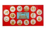 Metal Jain pooja gift box (8 inch) emblem panel with gold symbols and central temple artwork