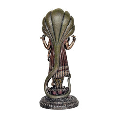 Rear view of Lord Vishnu resin statue, shell-like halo and lotus pedestal