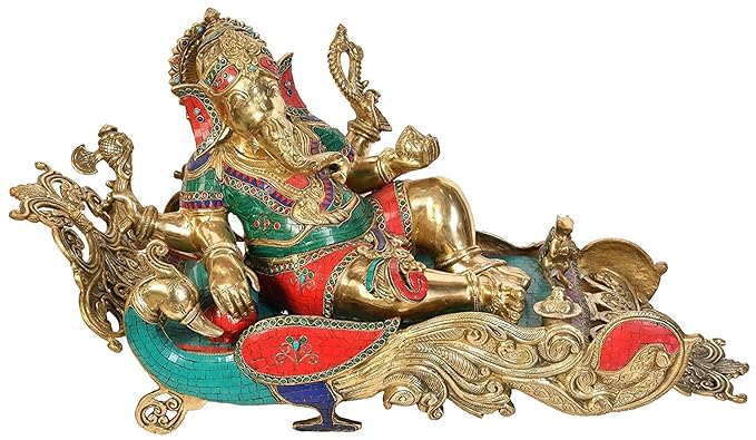 Brass Ganesha Relaxing On Peacock singhasan (Width: 32.2inches)