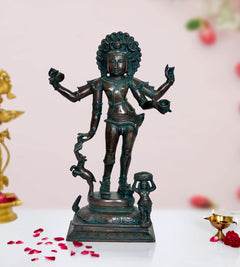 Shiva Bhikshatana sculpture with teal patina, raised arms, standing on carved pedestal