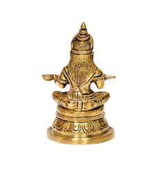Brass Maa Annapurneshwari murti, rear/side details, seated with textured base, 4.5 in