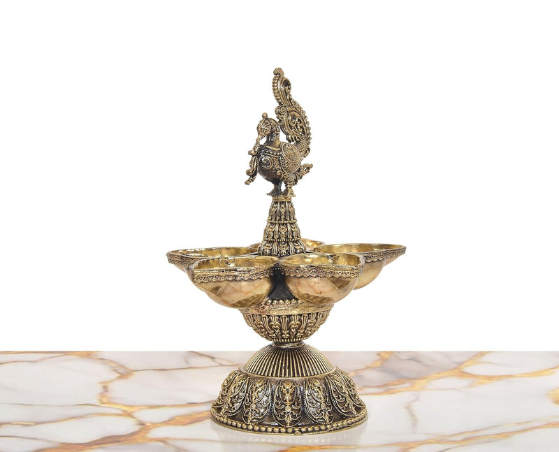 Bronze Oil Lamp On Peacock | Five Diya Stand (Height: 6.5 Inches)
