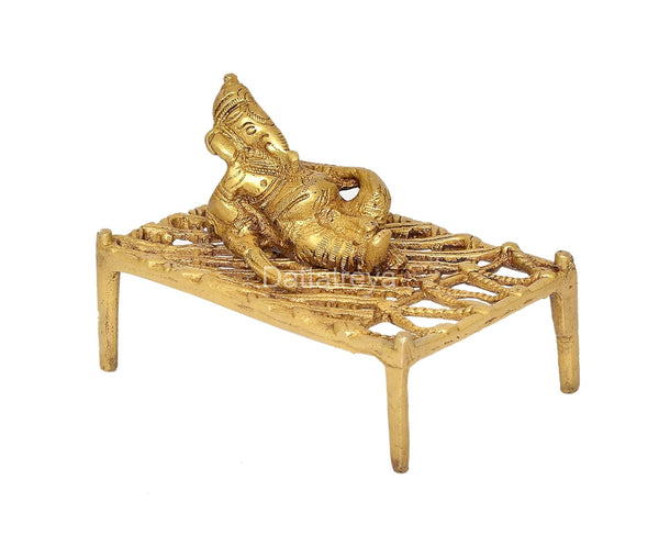 Brass Lord Ganesha on Charpai (Ganesh on cot) for Home Decor Temple Pooja (Height 3.5 Inch) Study Setting