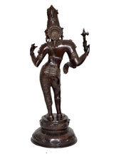 Brass Ardhanarishvara Shiva Parvati statue idol, back view with long headdress ornaments