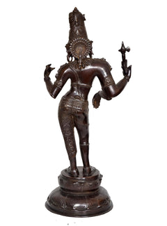 Brass Ardhanarishvara Shiva Parvati statue idol, back view with long headdress ornaments