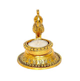 Gold metal parrot diya statue with candle, tall bird figure and engraved base