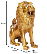 Brass lion idol statue with detailed mane, front view, visible tail and paws