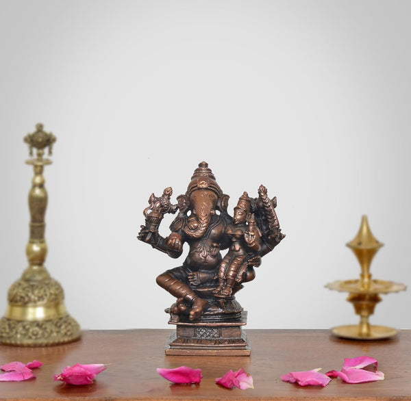 Copper Lord Ganesha  Seated with Riddhi Idol  (Height 4.5 Inch)