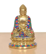 Seated brass Buddha in Dhyan Mudra with multicolour robe and ornate round bead details