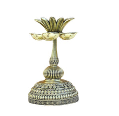 Brass lotus oil lamp diya with engraved round base and petal-shaped lamp cups