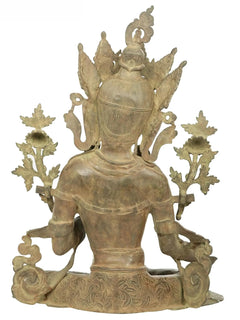 Brass Tara Devi seated sculpture from behind, tall halo and carved back pattern