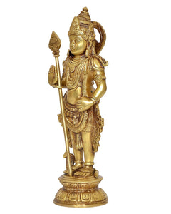 Brass Kartikeya Murugan idol side view, spear held upright with detailed jewelry and robe