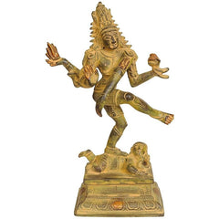 Dancing Shiva brass statue with raised arms and smaller figure on base, 9.3 in tall