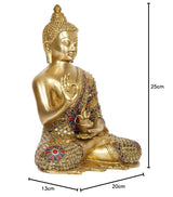 Brass Buddha statue seated meditation; red/blue inlay; height marker 25 cm