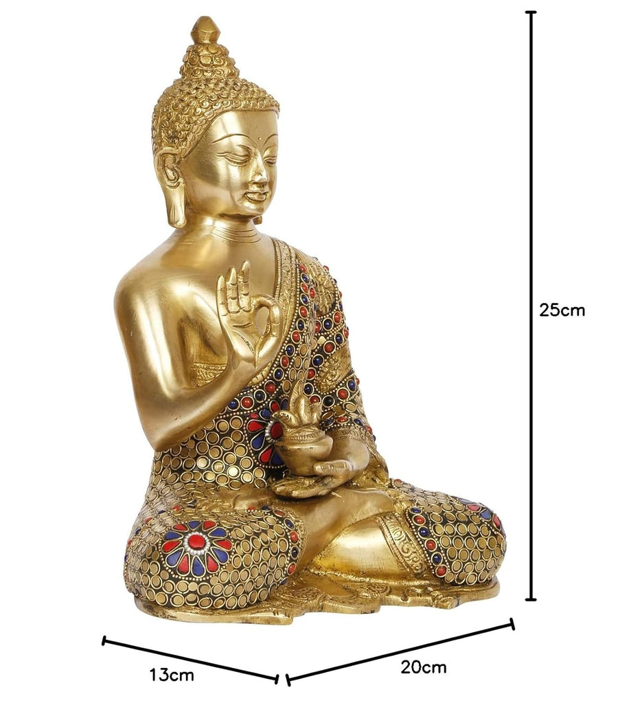 Brass Blessing Buddha Statue with Inlay Design and Sacred Kalash – Spiritual Home Décor & Gift Item (Height:10 Inches) Craft Detail