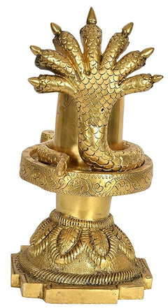 Brass Shiva linga with raised cobra heads, detailed snake texture and base, 9.3 in