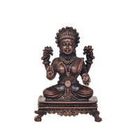 Lakshmi murti seated cross-legged on ornate pedestal, copper-bronze tone