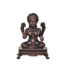 Lakshmi murti seated cross-legged on ornate pedestal, copper-bronze tone