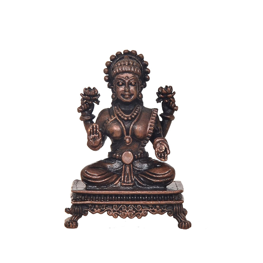 Copper Lakshmi Seated on Pedestal Murti for Home Temple (Height: 2.5 Inch) Craft Detail