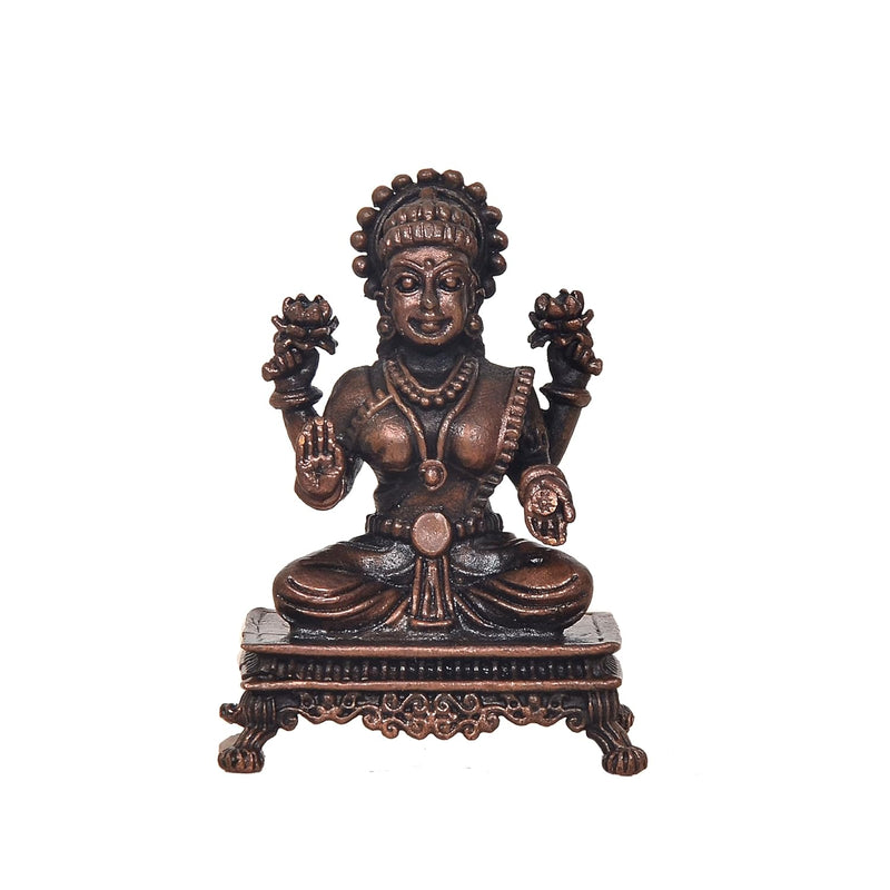 Copper Lakshmi Seated on Pedestal Laxmi Statue Idol Murti for Home Temple Office Mandir Pooja Decor, (Height: 2.5 Inch)