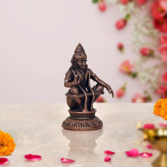 Copper Ayyappan statue, 2 inch, three-quarter view with detailed ornaments