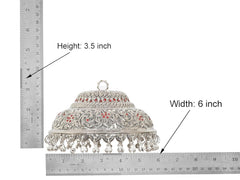 Chattar height 3.5 in and width 6 in, silver dome with red accents and bell fringe