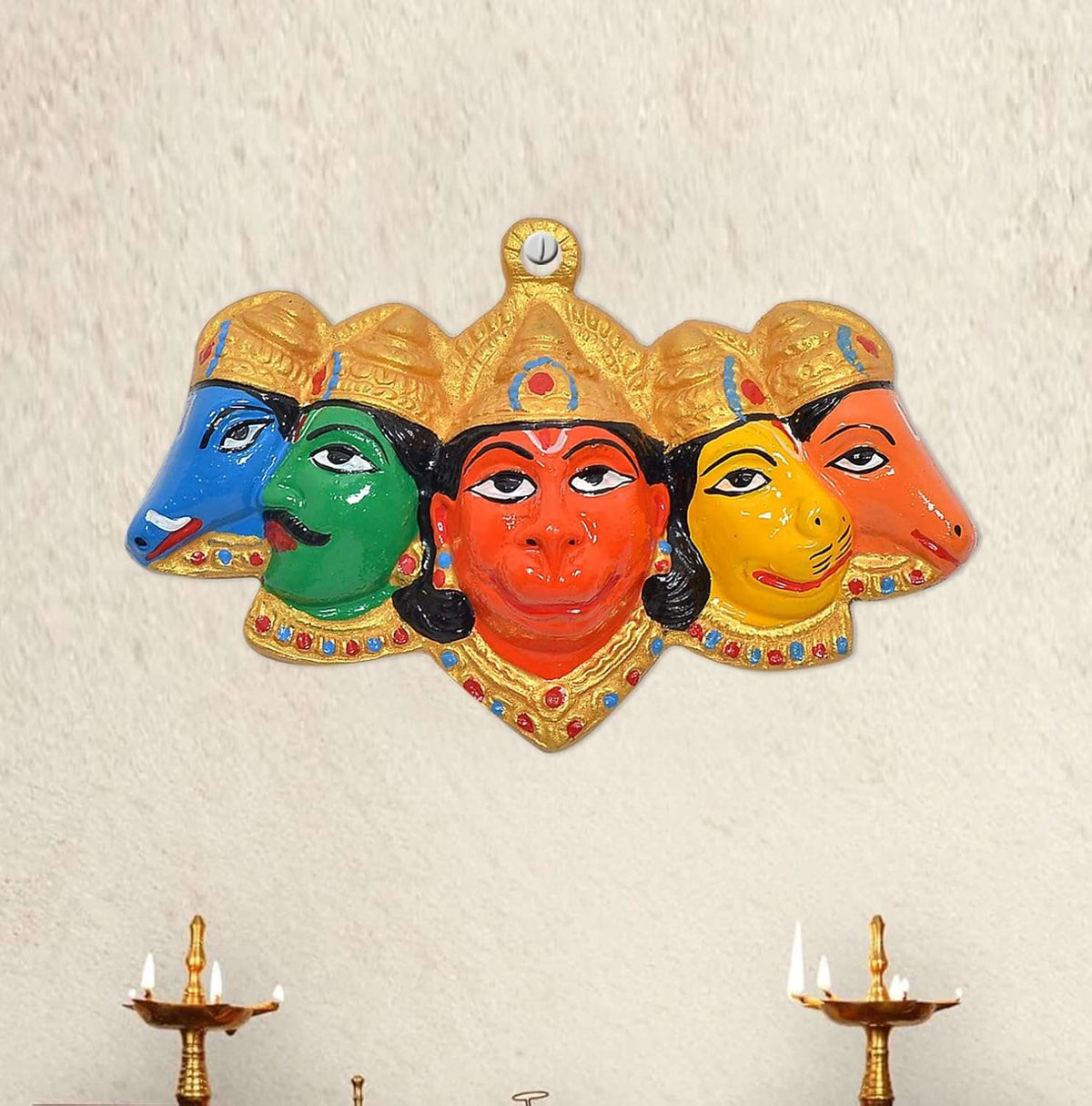 Panchmukhi Hanuman wall hanging, five painted faces with gold headpiece