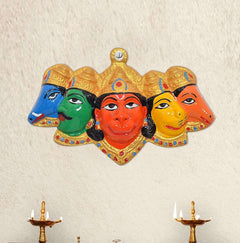 Panchmukhi Hanuman wall hanging, five painted faces with gold headpiece