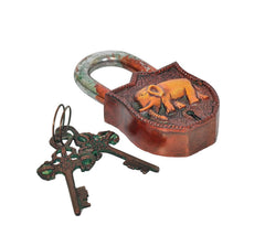 Elephant padlock with arched shackle and three keys; reddish brown finish
