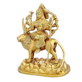 Brass Durga Maa riding lion, detailed weapons and ornaments on round base