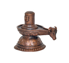 Copper Shivling sculpture with long spout handle and carved pedestal